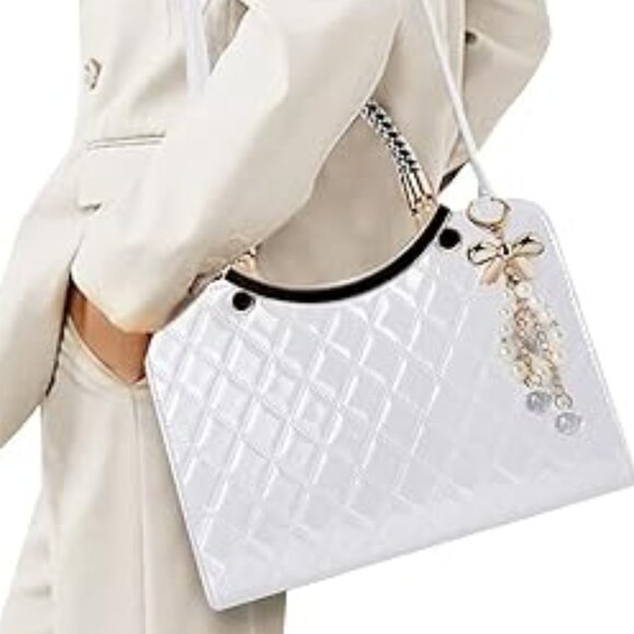 Neiman Marcus Shiny Faux Leather Diamond Pattern Top Handle Purse - Picture 7 of 7